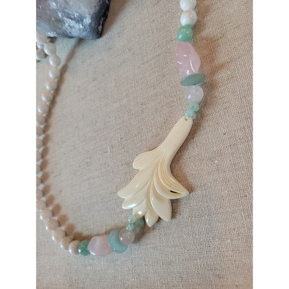 Vintage Rose Quartz Green White Jade Carved Flower Blossom Knotted Necklace Lei - Picture 3 of 5